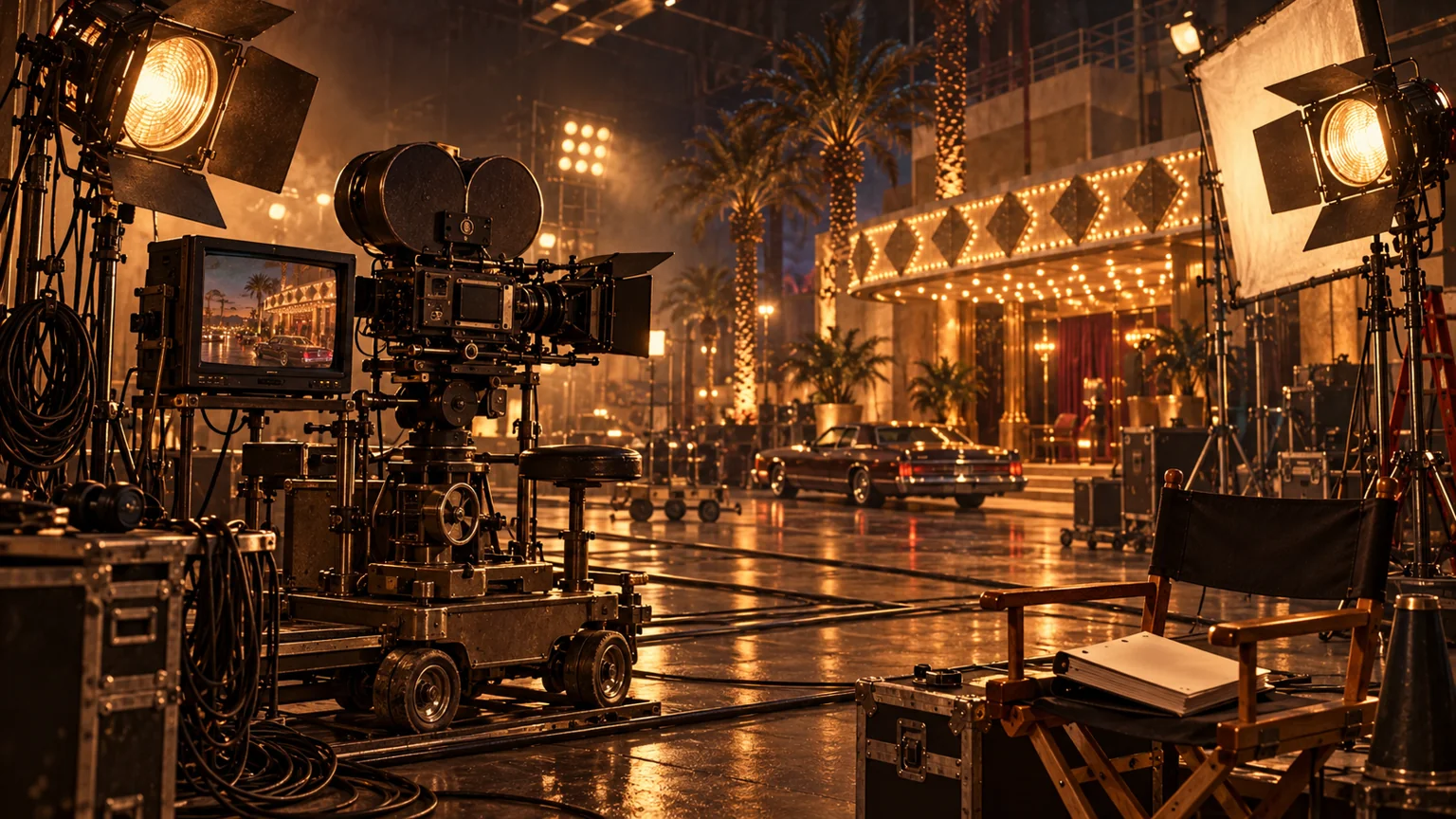 Period-inspired illustration of a 1990s motion-picture production stage