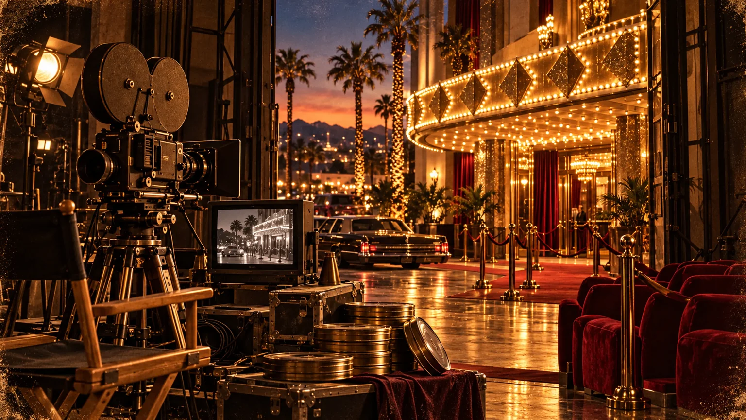 Period-inspired illustration of early 2000s film production and a cinema premiere