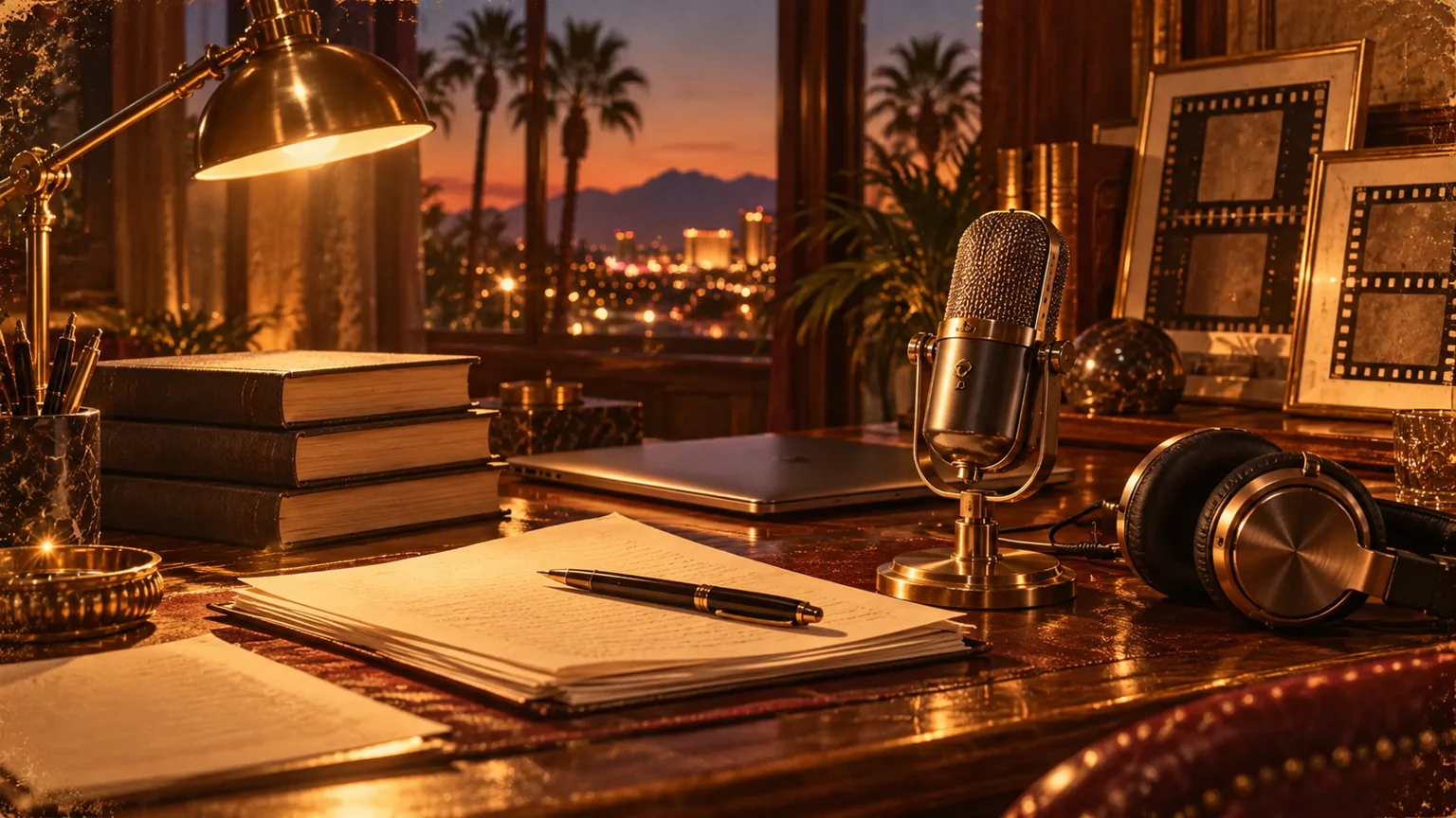 Illustrated memoir-writing desk with books and a podcast microphone