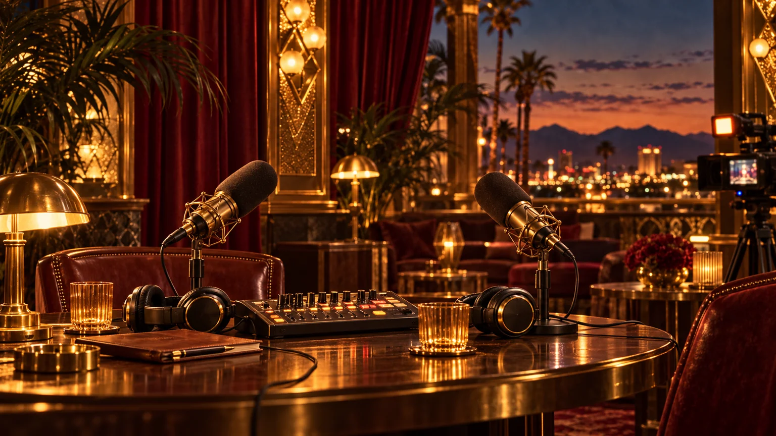Illustrated contemporary two-microphone podcast studio with nostalgic Hollywood decor