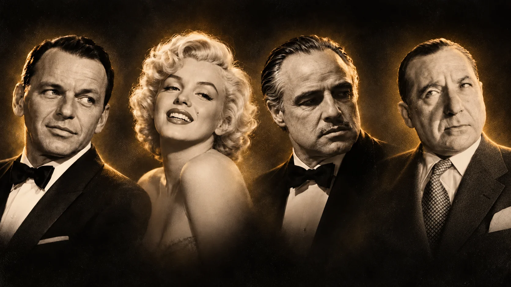 Illustrated individual portraits of Frank Sinatra, Marilyn Monroe, Marlon Brando, and Frank Costello