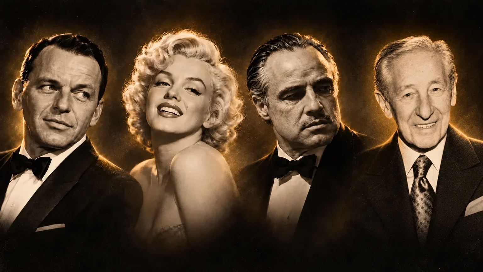 Illustrated individual portraits of Frank Sinatra, Marilyn Monroe, Marlon Brando, and Carlo Gambino