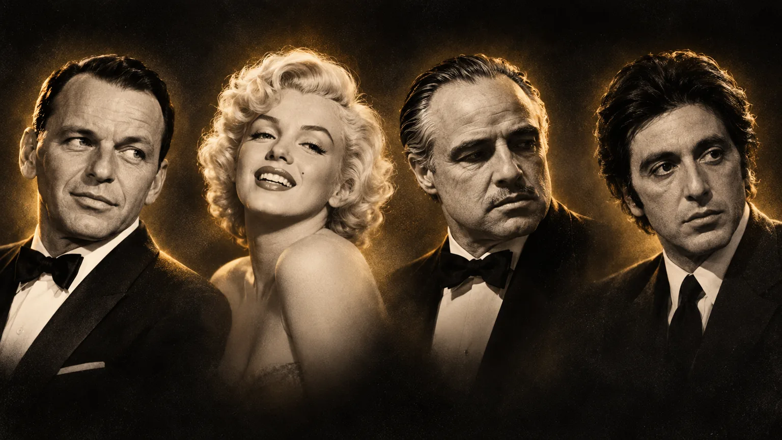 Illustrated individual portraits of Frank Sinatra, Marilyn Monroe, Marlon Brando, and Al Pacino